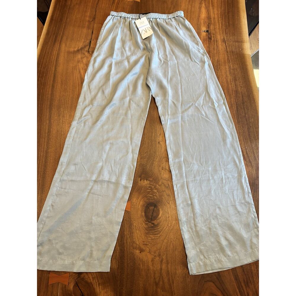 Zara Womens Satin Trousers Pants Medium Silver‎ Wide Leg High Waist NWT